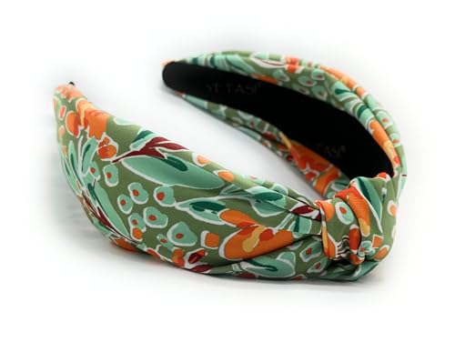 Headbands for Women Year-round Watercolor Print Floral Pattern Green Orange, Colorful Flower Satin Womens Head bands, Silk Feel, Soft Fabric, Knotted Headband Fashion Designer Top Knot Girl - color: Green/Orange Watercolor Flower