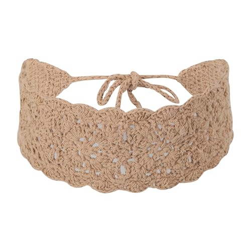 ZLYC Women Floral Headband Handmade Crochet Knit Vintage Hair Bands (Plain Khaki) - color: Plain Khaki