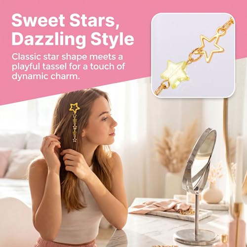 Pndeyo 2pcs Star Tassels Hair Clips for Women, Non-Slip 2000s Y2K Hair Snap Barrettes, Cute Star Beaded Pendant Hair Pin Accessories for Braid Long Short Thin Thick Hair- Yellow - color: Yellow-2pcs