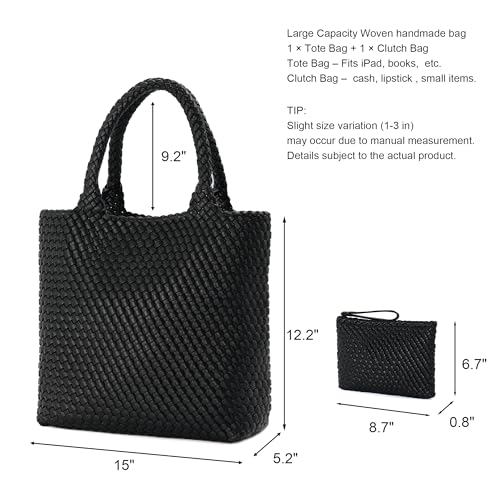 BAGOK Woven Tote Bag for Women, Handwoven Vegan Leather Shoulder Bag with Clutch, Large Tote for Work, Travel & Beach - color: Black