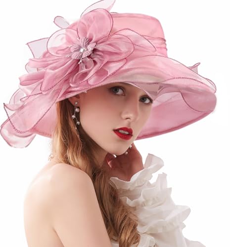 ORIDOOR Women’s Organza Church Tea Party Wedding Fascinator Derby Hat Wide Brim Sun Hats - color: C1-light Purple