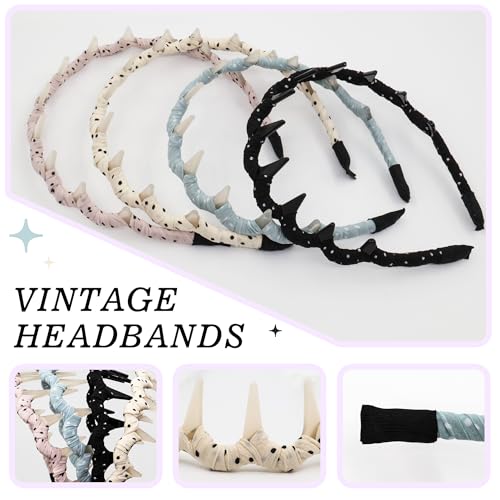 4 Pcs Polka Dot Headbands with Teeth for Women, Thin Non-Slip Comb Hairbands, Cute Wrapped Hard Head Bands, Toothed Hair Accessories for Washing Face & Daily Wear - color: Polka Dot