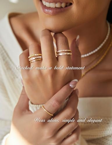 FIBO STEEL Gold Rings for Women Non Tarnish Dainty Stackable Ring Set Hypoallergenic Cubic Zirconia Wedding Band Promise Bands for Her Women's Jewelry Size 5-10 - color: Gold Filled