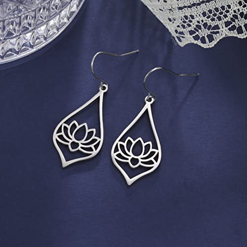 TEAMER Stainless Steel Lotus Flower Dangle Earrings Bohemian Drop Earring Unique Geometric Jewelry for Women - color: Lotus 3-Steel Color