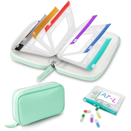 Timueetech A7 Waterproof Pill Organizer with 7 PCS L Size Zippered Pill Pouches for A7 Binder, Large BPA-Free Weekly Medicine Organizer, Color-Coded Reusable Travel Pill Storage System - color: Green
