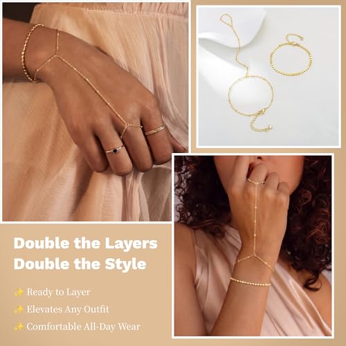 Moodear Gold Hand Chain Bracelet for Women - 14K Gold Plated/Sterling Silver Layered Adjustable Satellite Bead Paperclip Dot CZ Link Hand Chain Ring Bracelets Non Tarnish Trendy Jewelry Gift - style: Dot hand bracelet-GD