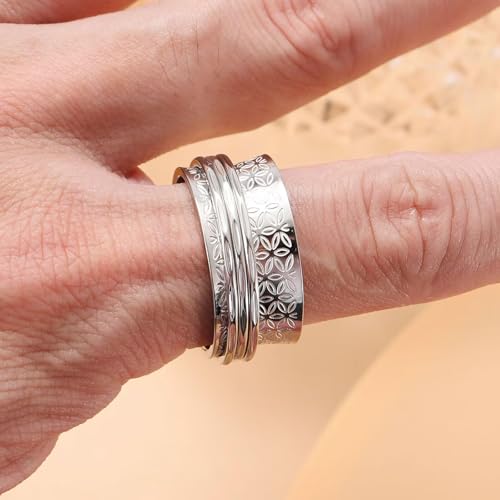 Stainless Steel Rings for Men Women, Vintage Chunky Silver Spinner Ring Band for Meditation, Relaxation& Stress Relief, Retro Wide Wrap Thumb Finger Midi Rings, Statement Cool Punk Band Ring Jewelry - color: R08Color4