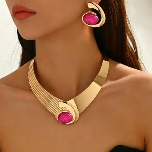 Gold Jewelry Set Chunky Gold Necklace Earring Set for Women Boho Oval Acrylic Earring Necklace Western Adjustable Choker Necklaces Bohemian Jewelry Set For Women - color: RoseRed