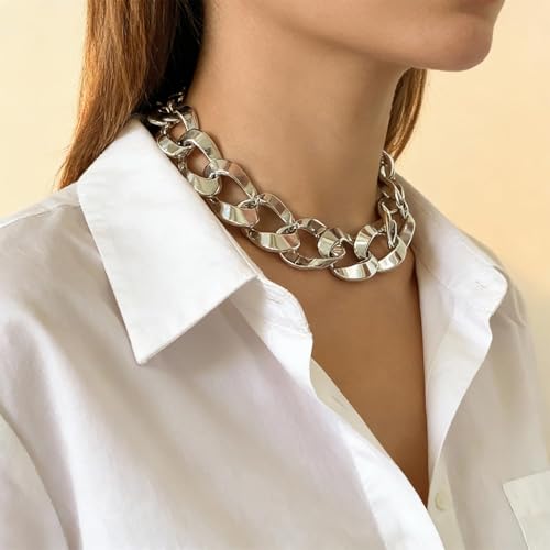 Long tiantian Chunky Gold Necklace Stack Chain Necklaces for Women Statement Layered Paperclip Choker Necklaces Statement Necklace for 80s 90s & Night Out Outfits Paperclip Style Fashion Jewelry - color: B2：Style P-Silver Chain