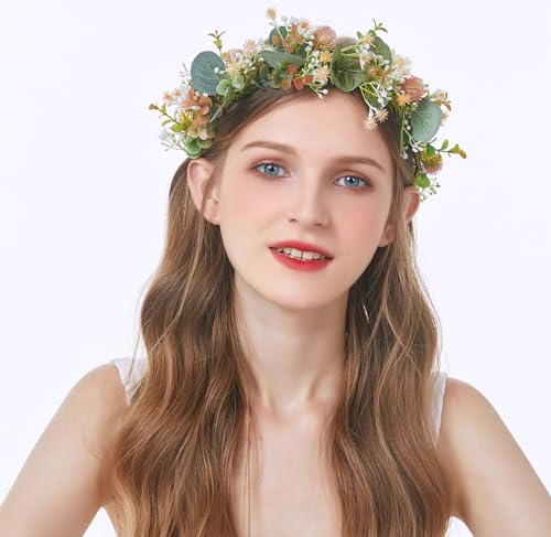 Vivivalue Fairy Floral Crown Woodland Headband Elf Flower Headpiece Hair Wreath Forest Elven Circlet for Women Halloween Renaissance Wedding Bridal Cosplay Prom Photo Props Green - color: 5