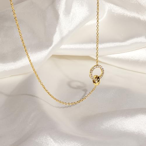 WomenGifts Layered Gold Necklaces for Women, 14K Gold Sterling Silver Plated Dainty Pendant Necklace Set Non Tarnish, Chunky Stackable Cuban Chain Choker, Trendy Birthstone Vacation Jewelry Gift - color: Gold, style: Double Circle