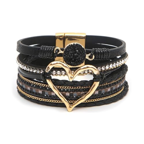 Leather Wrap Bracelet for Women, Boho Cuff Bracelet with Strong Clasp, Multi-Layer Crystal Leather Bracelet for Valentine Mother's Day - color: 01-Heart-Black