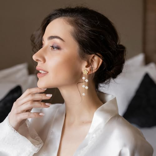 Nosiny 8 Pairs Gold Dangle Pearl Drop Earrings Set for Women Long Tassel Threader Chain Flower Sparkling Cz Threader Drop Earring Chain Wedding Bridal Earring Set for Women Trendy