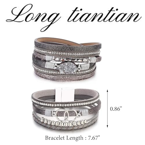 Long tiantian Leather Bracelets for Women Warp Bracelet Stackable Boho Layered Bracelet Chunky Heart Trendy Birthday Gifts for Her - color: B27:2 Beaded Bracelets Set for Women(Silver)