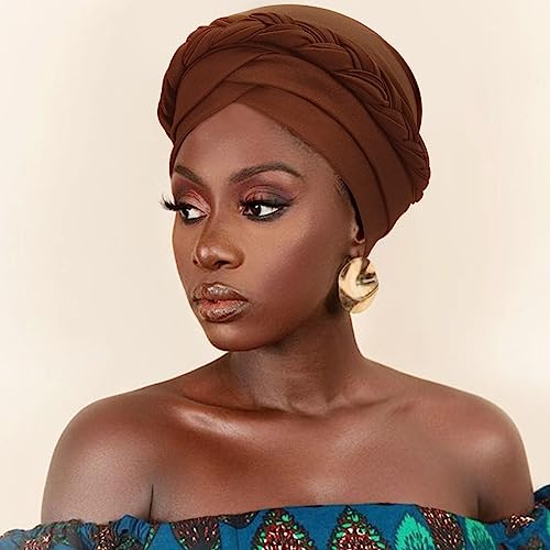African Women Turban Caps Beanie Pre-Tied Twisted Braids Headwraps for Women Head Scarf Chemo Cancer Headwear Cap - color: 3 Pack Twisted Braid: Ginger, Black, Coffee
