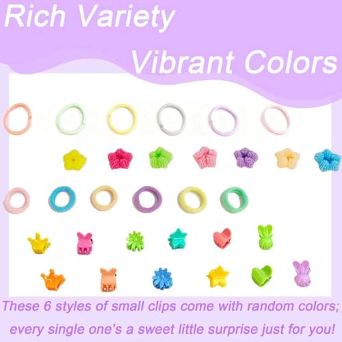 300 PCS Hair Ties Set Baby Toddlers, No Damage Baby Hair Ties, Mini Claw Clips, Flower Bow Elastic Scrunchies, Multi color Colorful Elastic Hair Ponytail Holder Hair Accessories for Baby Girls Kids