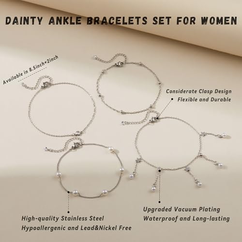 LOFITOR Ankle Bracelets for Women Glitter Waterproof Adjustable Anklet Set for Women 18K Gold Plated Silver Charm Dainty Layered Anklets, Summer Beach Anklet Jewelry for Women - style: Pearl Silver