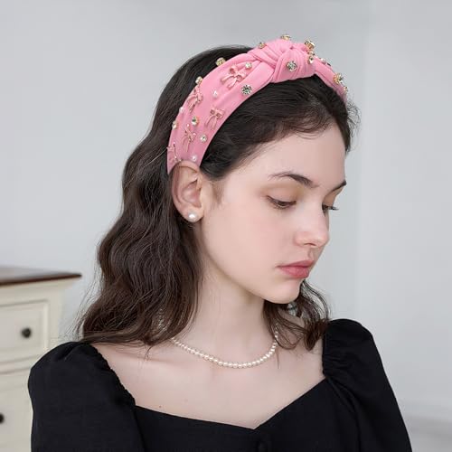 WantGor Pearl Knotted Headband, Women Rhinestone Embellished Hairband Elegant Wide Top Knot Bride Headbands Headpieces Party Fashion Elegant Ladies Hair Band Hair Hoop Accessories (Pink Bow) - color: Pink Bow