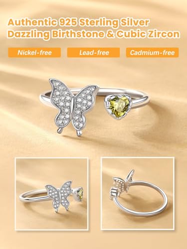 Bestyle 925 Sterling Silver Butterfly Ring Hypoallergnic Adjustable Birthstone Rings for Women Butterfly Jewelry Gifts for Anniversary Mothers' Day Birthday - color: 11.November (Citrine)