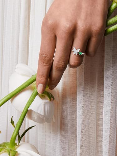 Bestyle 925 Sterling Silver Butterfly Ring Hypoallergnic Adjustable Birthstone Rings for Women Butterfly Jewelry Gifts for Anniversary Mothers' Day Birthday - color: 05.May(Emerald)