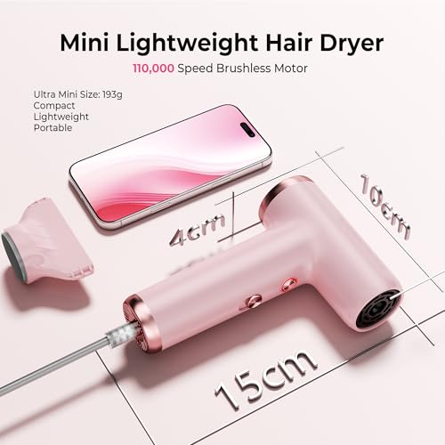 Mini Hair Dryer, 4-Temp High Speed Ionic Hair Dryer, 2-Speed Lightweight Portable Small Hair Drye, 110,000 RPM Hair Blow Dryer Travel Blow Dryer - color: Pink