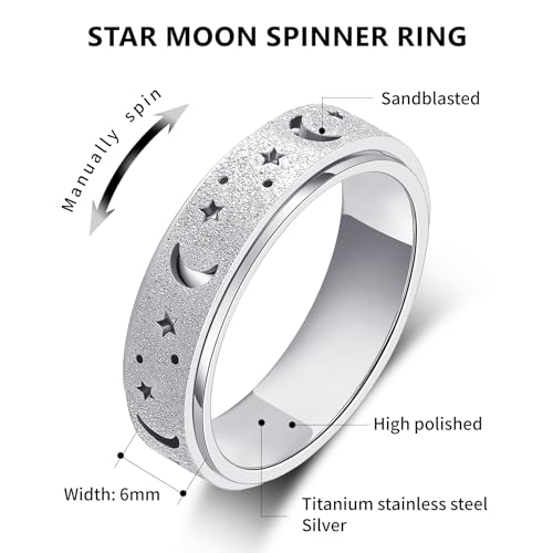 Anxiety Ring for Women Spinner Rings:Rotating Rings Stainless Steel 6mm Moon Star Anxiety for Men Band Jewelry Gift for Women Size 6 7 8 9 10 - color: B-Silver