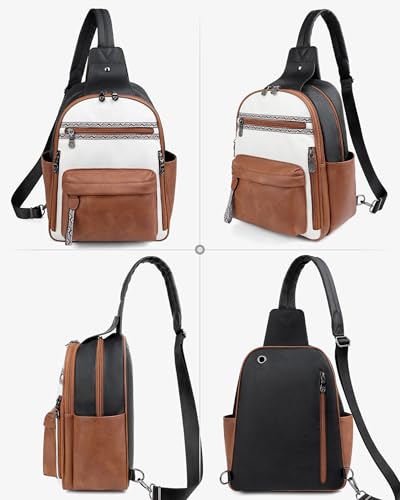 FADEON Large Sling Bag for Women, Leather Crossbody Purse Designer Anti Theft Sling Backpack, RFID Fanny Packs for Travel - color: Black-beige-brown Retro Style