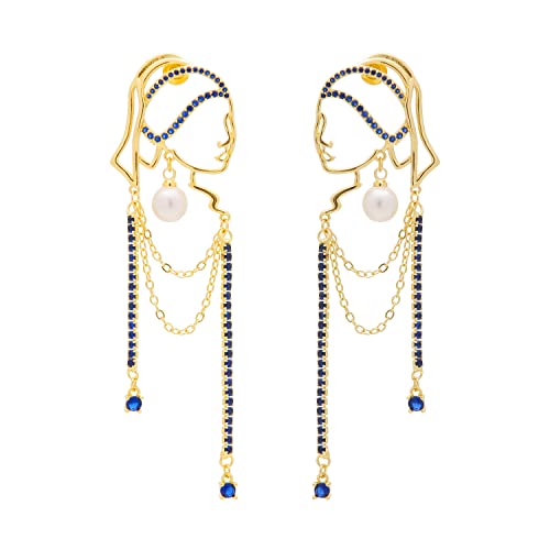 Unique Abstract Face Art | Dangle Statement Long Earrings for Women | Rhinestone Tassel Handmade Chandelier Earrings - color: Golden Blue Diamond