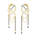 Unique Abstract Face Art | Dangle Statement Long Earrings for Women | Rhinestone Tassel Handmade Chandelier Earrings - color: Golden Blue Diamond