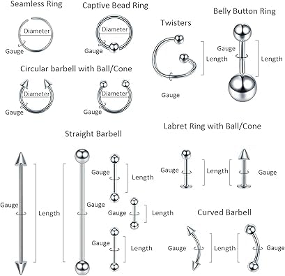Oveta 150-151PCS Body Piercing Jewelry Lot 14G 16G 20G Stainless Steel Nose Lip Tongue Cartilage Tragus Eyebrow Industrial Barbell Belly Button Rings Piercing Kit Jewelry - style: 151pcs-Silver