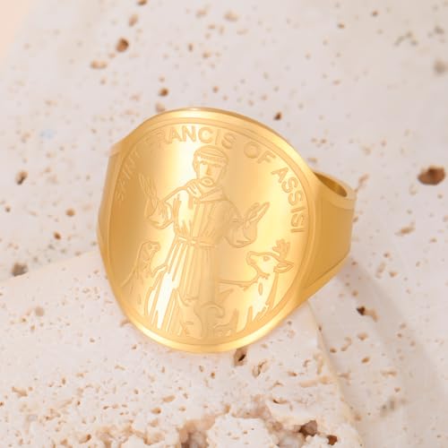 TEAMER Resizable Saint Francis of Assisi Ring Pendant Patron Saint of the Animals and Nature Francis Pet Protect Medal Catholic Jewelry For Women Men - color: Gold