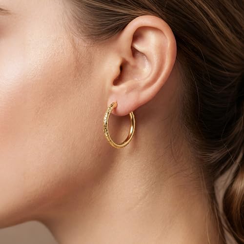 Gold Hoop Earrings 14K Gold Earrings for Women 14K Gold Hoop Earring for Women Leaf-Inspired Engraved Texture Hoops Earring for Womens Hoops 25/30MM - size: 30MM