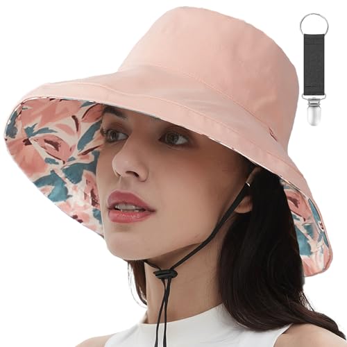vidsel Womens Sun Hats Wide Brim Reversible Bucket Cotton Hat Packable Summer Travel Cap with Hat Clip,UV Protection - color: Pink, size: Medium
