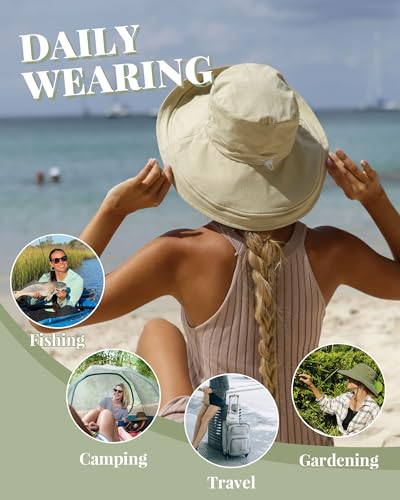 Sun Hats for Women Gardening Hat Wide Brim Ponytail Beach Sun Protection Breathable Cotton Summer Hat with Fold-Up Brim - color: 02light Khaki