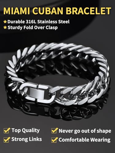 ChainsHouse Stainless Steel Cuban Link Bracelet, 8mm/12mm/17mm Width, 7.5"/8.3"/9", 18K Gold Plated Chain Wrist Bracelets for Men Women, Send Gift Box - color: D: Steel-12mm width