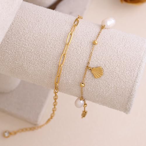 Boho Beads Beach Layered Anklet Set for Women, Handmade Gold Starfish Pearl Shell Anklets Summer Ocean Accessories Jewelry Gift - color: Papercilp