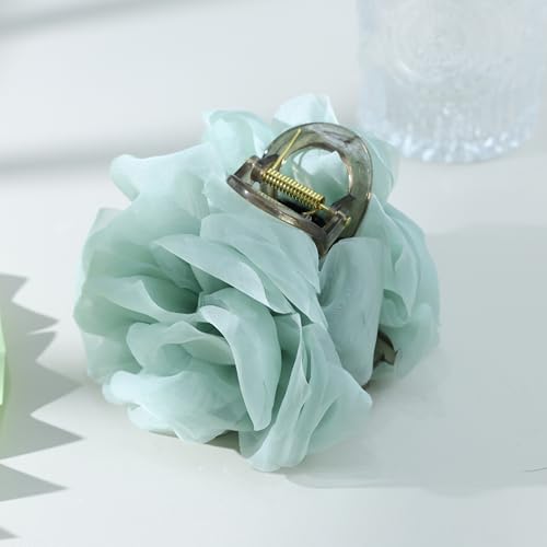 Large Chiffon Rose Flower Hair Claw Clips Boho Mesh Floral Hair Pins Barrettes Strong Hold Non-Slip Beach Vacation Hair Accessories for Women (Green Rose Flower Hair Clips) - color: Green Rose Flower Hair Clips
