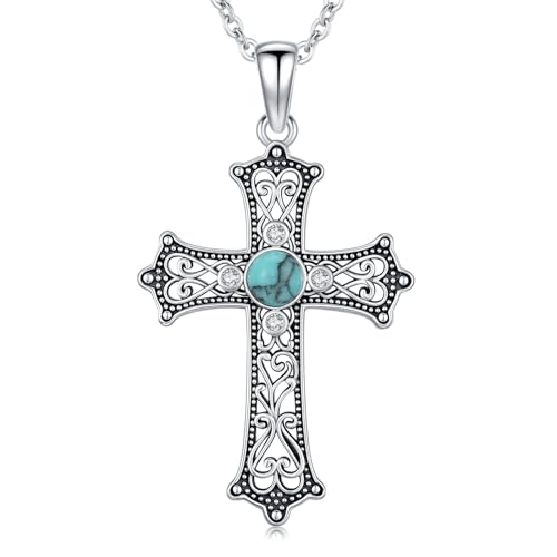 Cross Necklace 925 Sterling Silver Turquoise Christian Pendant Religious Cross Jewelry Christmas Gifts for Women Men - style: Gothic A
