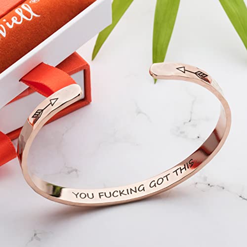Carviell Bracelet - Gifts for Women – Inspirational, Friendship, Love, Mom, Daughter, Sister, Christian, Graduation, Memorial & Wedding Gifts – 100+ Phrases – Stainless Steel, Gift-Ready - style: BADASS Gift - YOU F##king Got This - ROSE GOLD