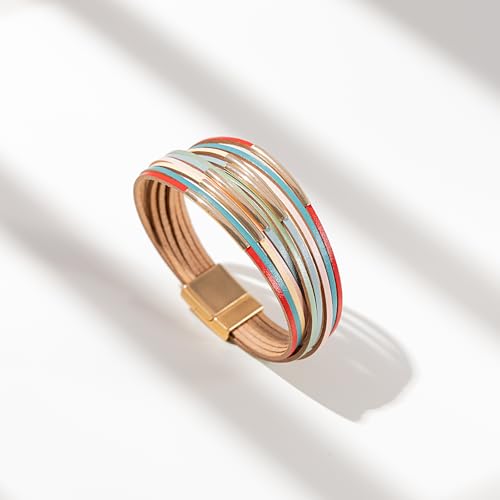 FANCY SHINY Boho Leather Bangle Bracelets Stackable Noodle Tube Bracelets Layered Wrap Cuff Bracelets with Magnetic Clasp - color: Colorful