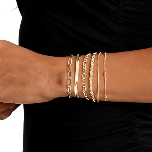 Dainty Gold Bracelets for Women, 14K Gold Plated Stackable Bracelet Set, Adjustable Beaded Cuban Paperclip Herringbone Figaro Snake Rope Chain Jewelry - style: Set1-1 Gold 6Pcs