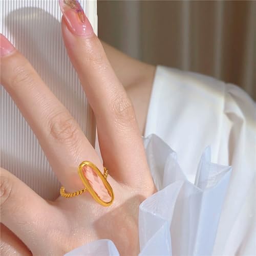 18K Gold Plated Adjustable Twisted Rings for Women Non Tarnish Oval Czech Glass Stone Stainless Steel Statement Rings Open Gemstone Boho Stackable Band Jewelry - color: Pink