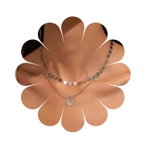Boho Layered Sequin Coin Silver Choker Necklace Chain Vintage Disc Pendant Necklace Tiny Sequin Choker Layered Rock Statement Sequin Necklace Jewelry for Women