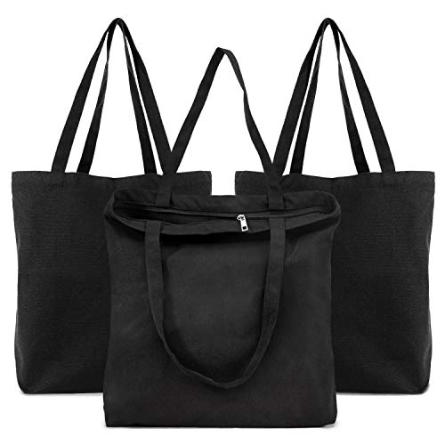 Segarty Black Canvas Tote Bag, 3 Packs 16x15 inch Canvas Bags with Zipper, 12Oz Heavy Duty Reusable Washable Grocery Shopping Bag with Handle, Blank Cotton Bags for Kids DIY Crafts Painting Bulk - size: 16.5"x13.4"x3.9", style: Black_3pcs