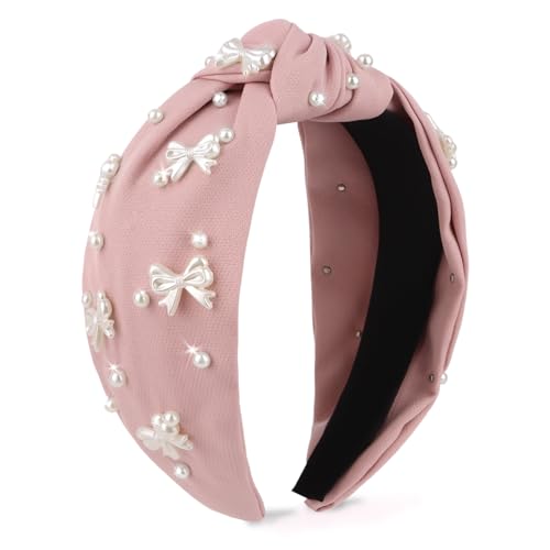 Pink Headband Bow Pearl Knotted Headbands for Women Girls Cute Fashion Wide Headbands for Women Non Slip Hairbands Head Bands for Women's Hair Bow Hair Accessories - color: Pink-03