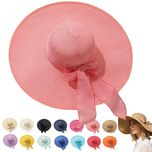 Women’s Straw Sun Hat Wide Brim Packable - Boho Beach Hat for Summer Vacation, Poolside Relaxation and Tropical Travel - color: Pink