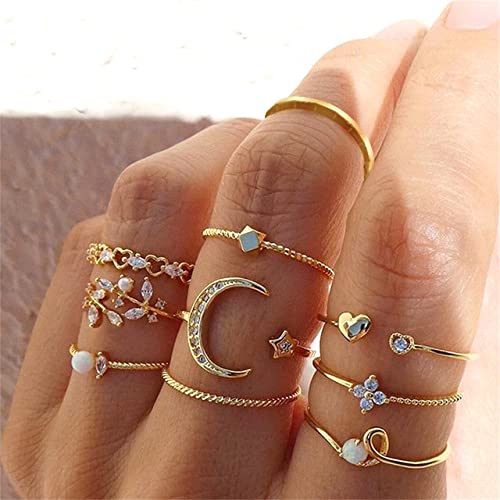 Gold Stackable Rings Set Moon Star Design Adjustable Rings for Everyday Wear Mid FingerPinky Ring Trendy Jewelry Gifts - color: G1