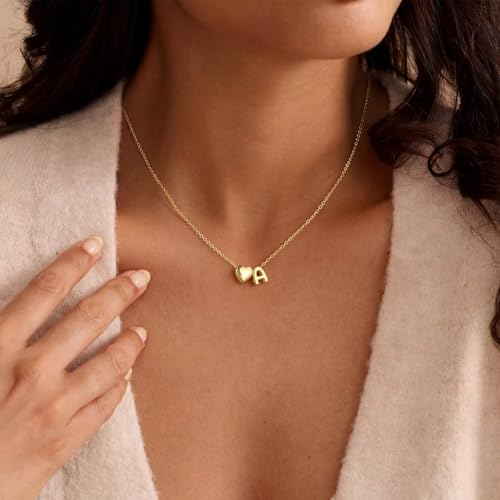 Yoosteel Heart Initial Necklaces for Women Girls - 14K Gold-Plated Letter A-Z Initial Heart Necklace for Girls Kids Jewelry Teen Girl Gifts Personalized Birthday Gifts - color: B