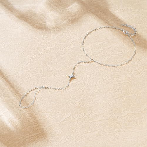 925 Sterling Silver Hand Chain Bracelet for Women,Non Tarnish 14k Gold Plated CZ Crystal Heart Starburst Ring Bracelets Hand Chain Dainty Diamond Layered Stackable Link Chain Beach Waterproof Graduation Wedding Gifts - color: SilverA