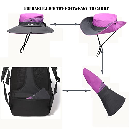 Womens Summer Sun Hat Beach Hat Wide Brim Outdoor UV Protection Hat Foldable Cool Mesh Ponytail Bucket Hat - color: Purple-gray